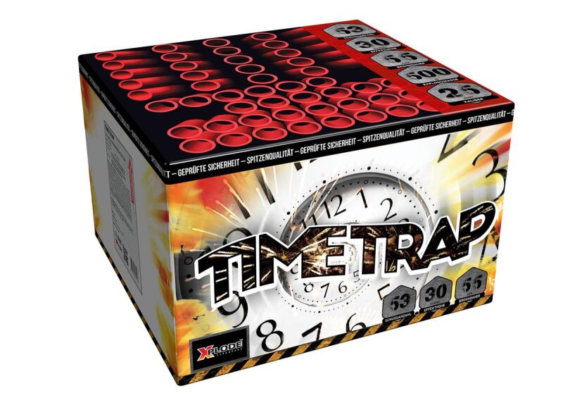 Time Trap 53-Schuss-Feuerwerk-Batterie A: roter Aufstieg zu roter Palme mit grünen Blinksternen, B: blauer Aufstieg zu blauen Sternen mit Cracklingwolken, C: blauer Aufstieg zu goldenen Kronen mit blauen Sternen, D: goldener Feuertopf zu golden willow und Cracklingwolken