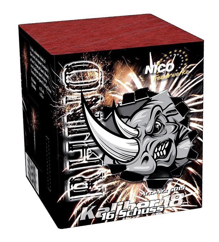 Rhino (Out of Control) 16-Schuss-Feuerwerk-Batterie Gleiche Batterie mit verschiedenen Labeln! Nacheinander z�ndend, mit Silberschweif aufsteigende Sternenbuketts mit lauter Zerlegung mit blauen & silbernen, roten & gr�ngelben, gr�nen & violetten Sternen oder lemon-gr�nen Feuerwerk-Crackling-Effekten.