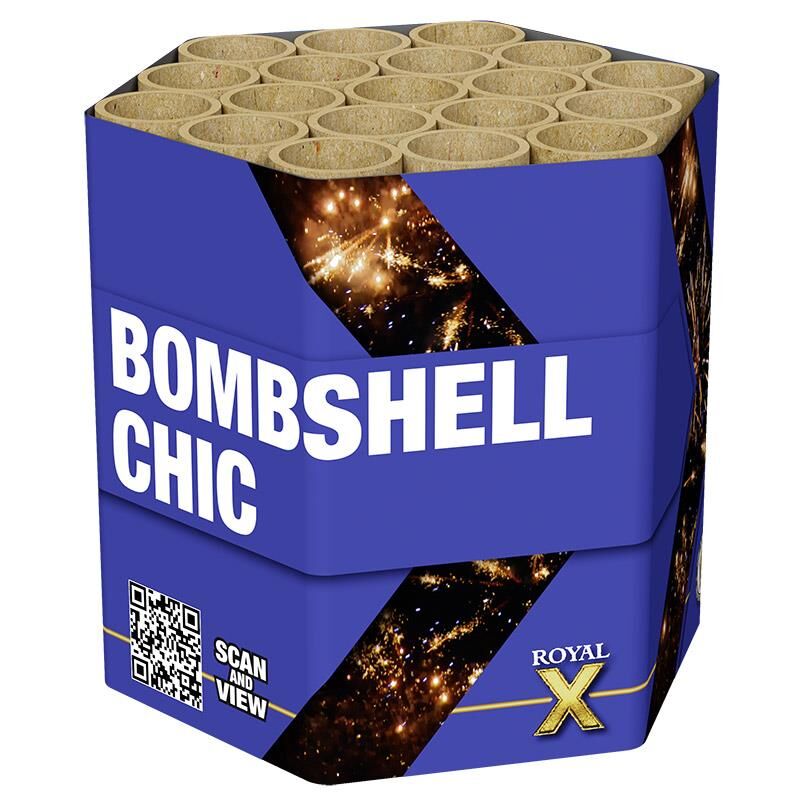 Bombshell Chic 19-Schuss-Feuerwerk-Batterie Goldblinker-Buketts und Goldblinker-Buketts mit blauen Elementen im wechsel, jeder Schuss begleitet von Knisterplamen.