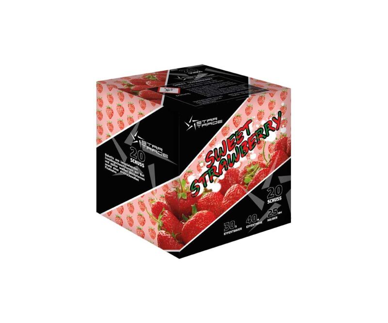 Sweet Strawberry 20-Schuss-Feuerwerk-Batterie Buketts aus langziehenden Cracklingschweifsternen mit Rot und später weißen Blinksternen sowie einer eindrucksvollen Finalsalve.