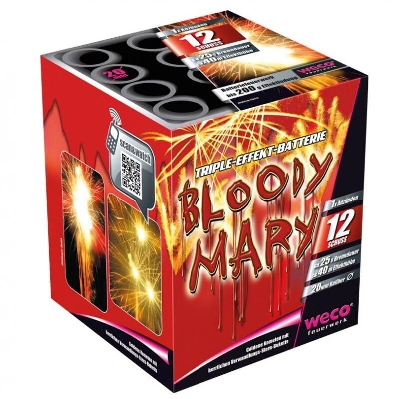 Bloody Mary 12-Schuss-Feuerwerk-Batterie Brilliantgoldene Kometen mit Verwandlungsbukett in weißflimmer-blinkgrün, blau-silber und silber-bunt im Wechsel geschossen mit Knall.
