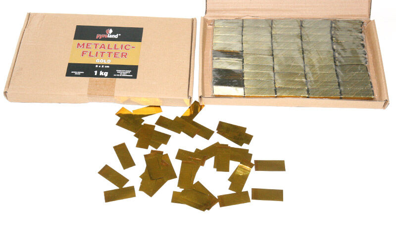 Metallic Flitter - Gold 1kg (Pappschachtel) Für professionelle Konfetti-Kanonen im In- und Outdoorbereich. Eignet sich hervorragend zur Dekoration und kann bei Feierlichkeiten auch sehr gut geworfen werden. Mit aufregendem Metallic-Effekt. Schwer entflammbar gem. DIN 4102-1/B1 Zertifikat: B1 Größe: 50 x 20 mm Inhalt: 1 Kg Verpackung: Pappschachtel Material: Metallic-Folie