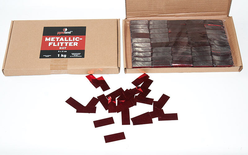 Metallic Flitter - Rot 1kg (Pappschachtel) Für professionelle Konfetti-Kanonen im In- und Outdoorbereich. Eignet sich hervorragend zur Dekoration und kann bei Feierlichkeiten auch sehr gut geworfen werden. Mit aufregendem Metallic-Effekt. Schwer entflammbar gem. DIN 4102-1/B1 Zertifikat: B1 Größe: 50 x 20 mm Inhalt: 1 Kg Verpackung: Pappschachtel Material: Metallic-Folie