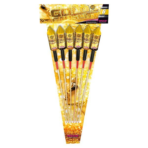 Goldrausch 6-teiliges Feuerwerk-Raketensortiment Exklusive Raketen mit verschiedenen imposanten Gold-Effekten, jeweils mit fetzigem Knall-Effekt.