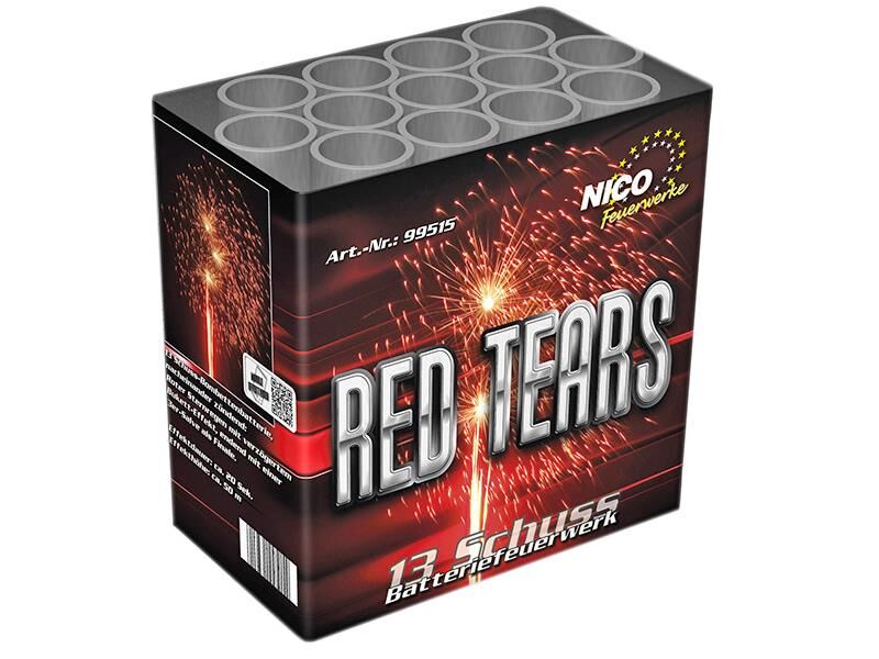 Red Tears 13-Schuss-Feuerwerk-Batterie Mit rotem verzögertem Sternregen-Bukett, endend mit einer 3er-Final-Salve.