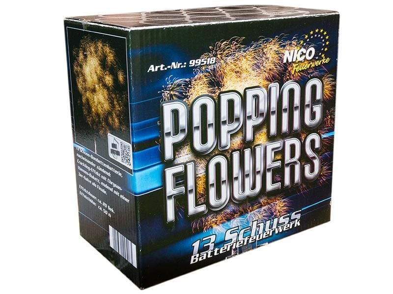 Popping Flowers 13-Schuss-Feuerwerk-Bombettenbatterien Mit Crackling-Chrysanthemen-Bukett (Popping Flowers), endend mit einer 3er-Final-Salve.