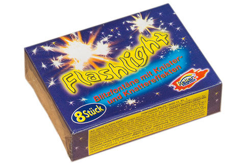 Flashlight Die leuchtenden Blitzfontänen mit starken Knister- und Knattere ekten und hohem Spaßfaktor. 1 Schachtel á 8 Stück.