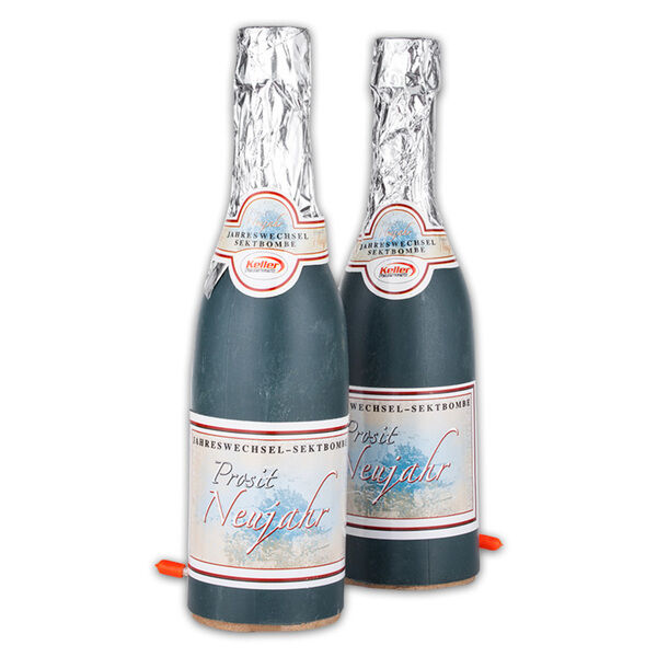 Prosit Neujahr Tischbomben in Piccolo-Sektflaschenform mit reichhaltiger Partyfüllung.
