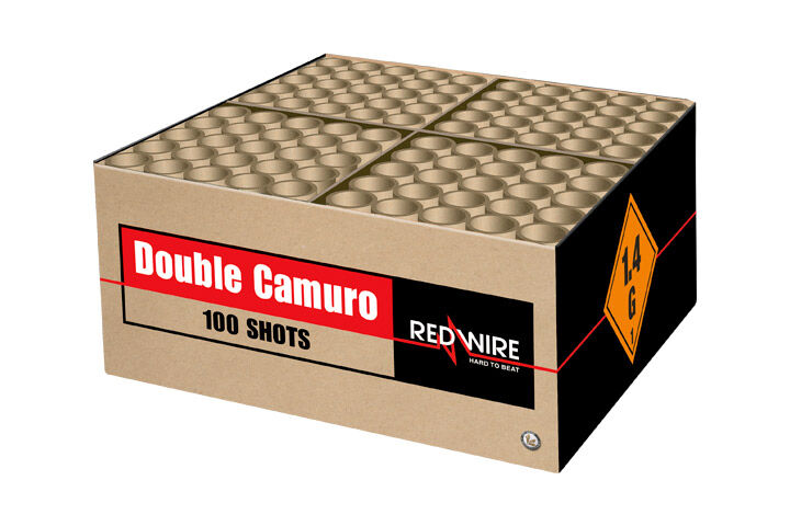 Double Camuro 100-Schuss-Blitzknall-Feuerwerkverbund (Stahlkäfig) Doppel-Gold Showbox, 100 Schüsse von 30mm mit fast 2 Kilo Explosivmasse!