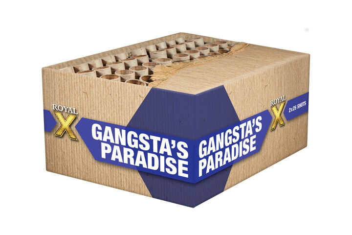 Gangsta's Paradise 50-Schuss-Feuerwerkverbund (Stahlkäfig) Doppel-Gold Fächer-Box mit 50 Schuss! Maximales 30mm Kaliber. Im Stahlkäfig!