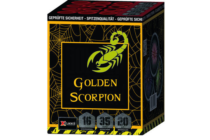 Golden Scorpion 16-Schuss-Feuerwerk-Batterie Roter Aufstieg zu goldenen Spidereffekten mit roten und silbernen Blinksternen.